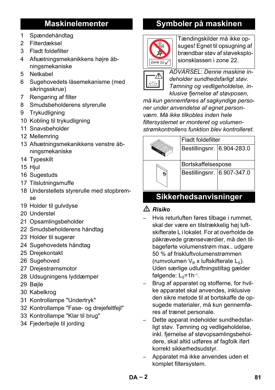 Maskinelementer symboler på maskinen, Sikkerhedsanvisninger | Karcher IVC 60-30 Tact H Z22 EU User Manual | Page 81 / 292