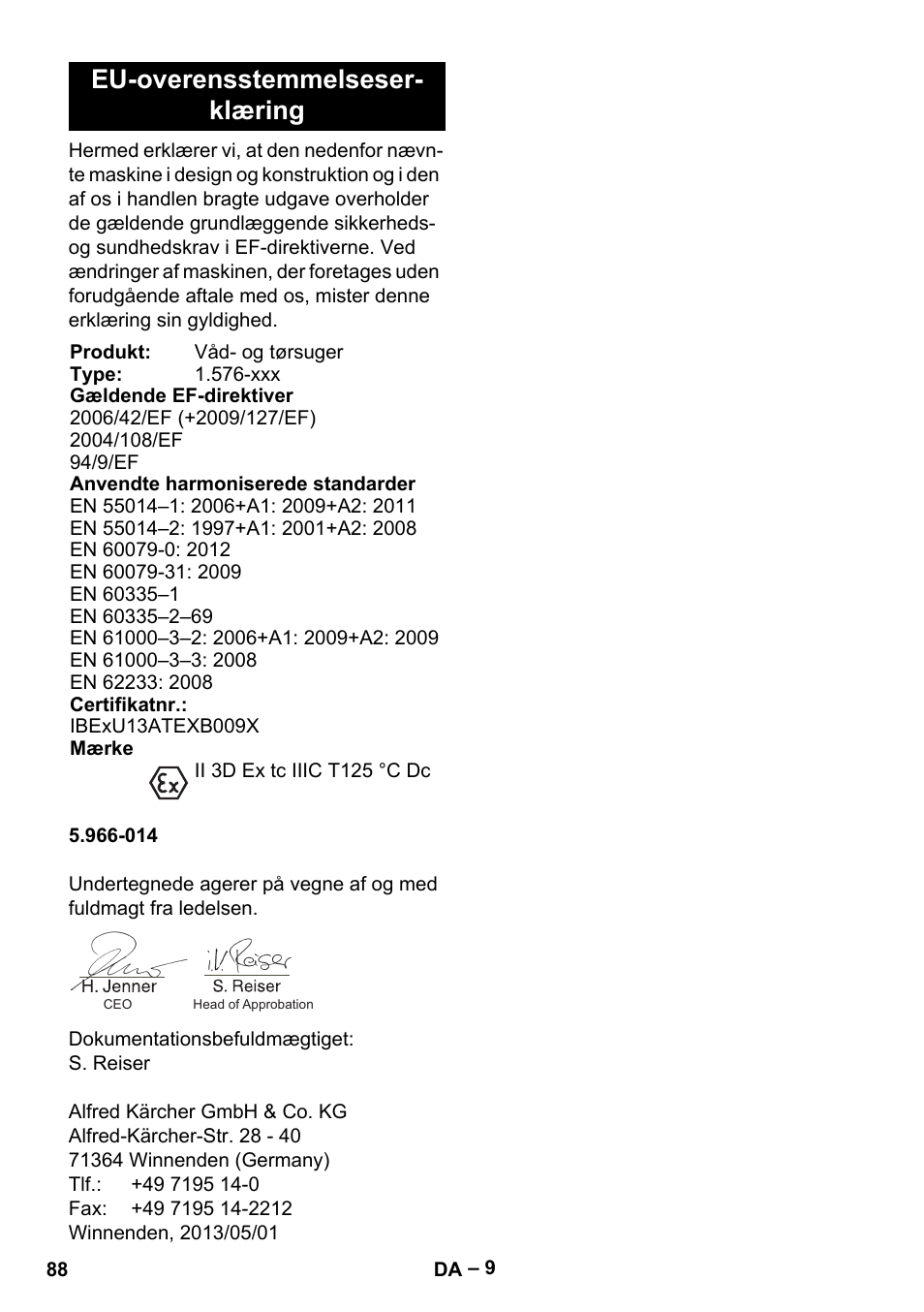 Eu-overensstemmelseser- klæring | Karcher IVC 60-30 Tact H Z22 EU User Manual | Page 88 / 292