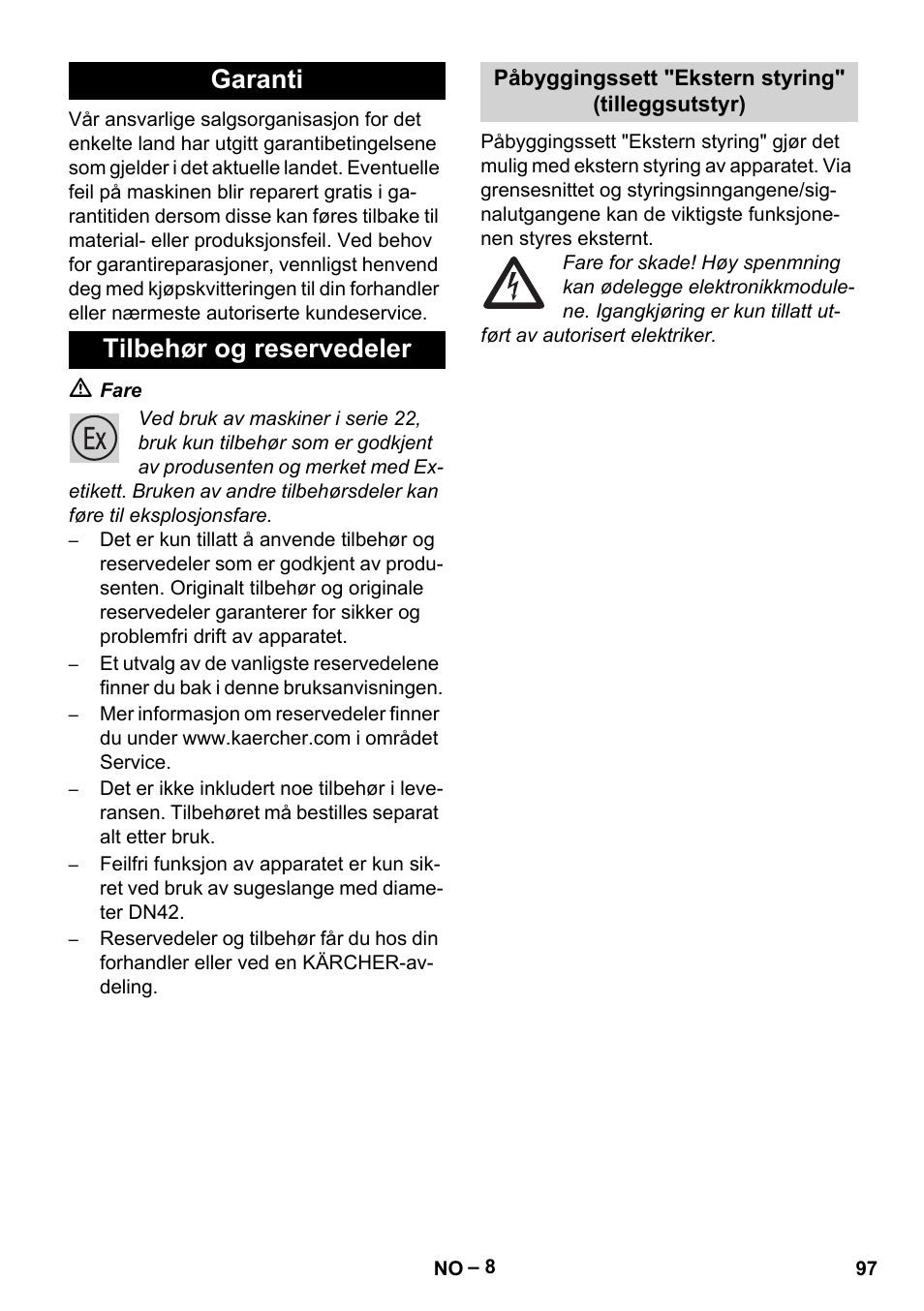 Garanti tilbehør og reservedeler | Karcher IVC 60-30 Tact H Z22 EU User Manual | Page 97 / 292