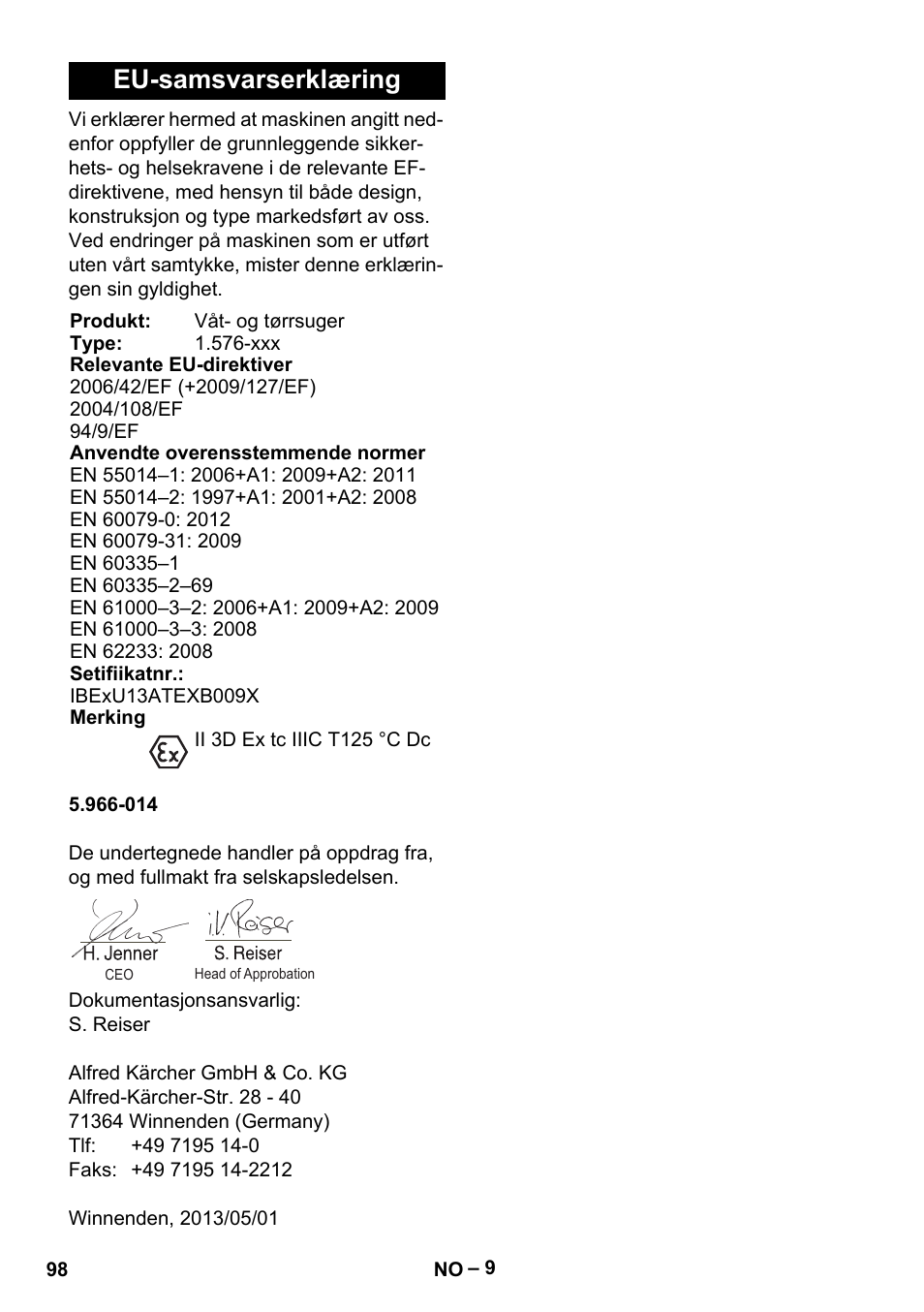 Eu-samsvarserklæring | Karcher IVC 60-30 Tact H Z22 EU User Manual | Page 98 / 292