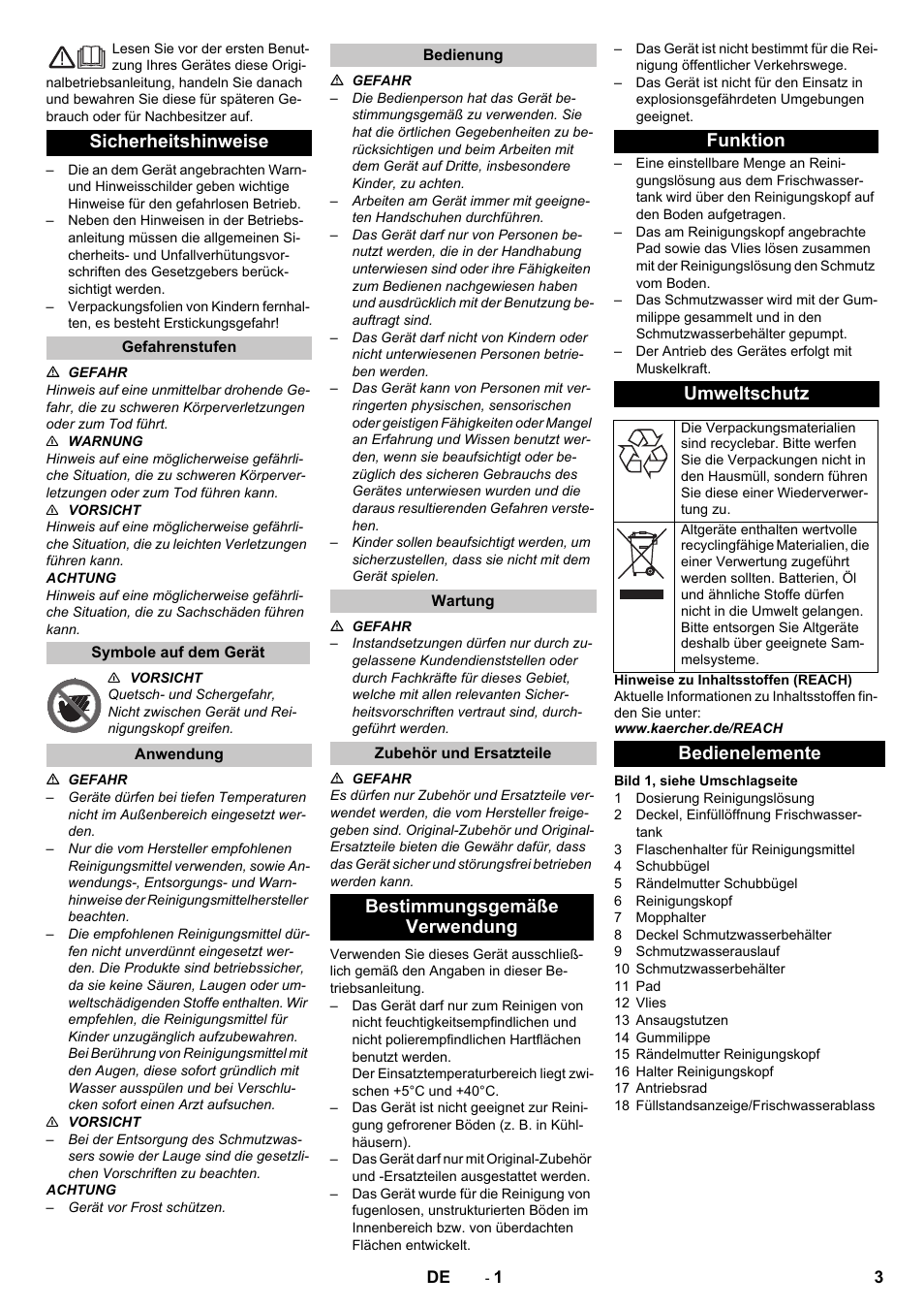 Deutsch, Sicherheitshinweise, Gefahrenstufen | Symbole auf dem gerät, Anwendung, Bedienung, Wartung, Zubehör und ersatzteile, Bestimmungsgemäße verwendung, Funktion | Karcher B 60-10 C HYGIENE User Manual | Page 3 / 28
