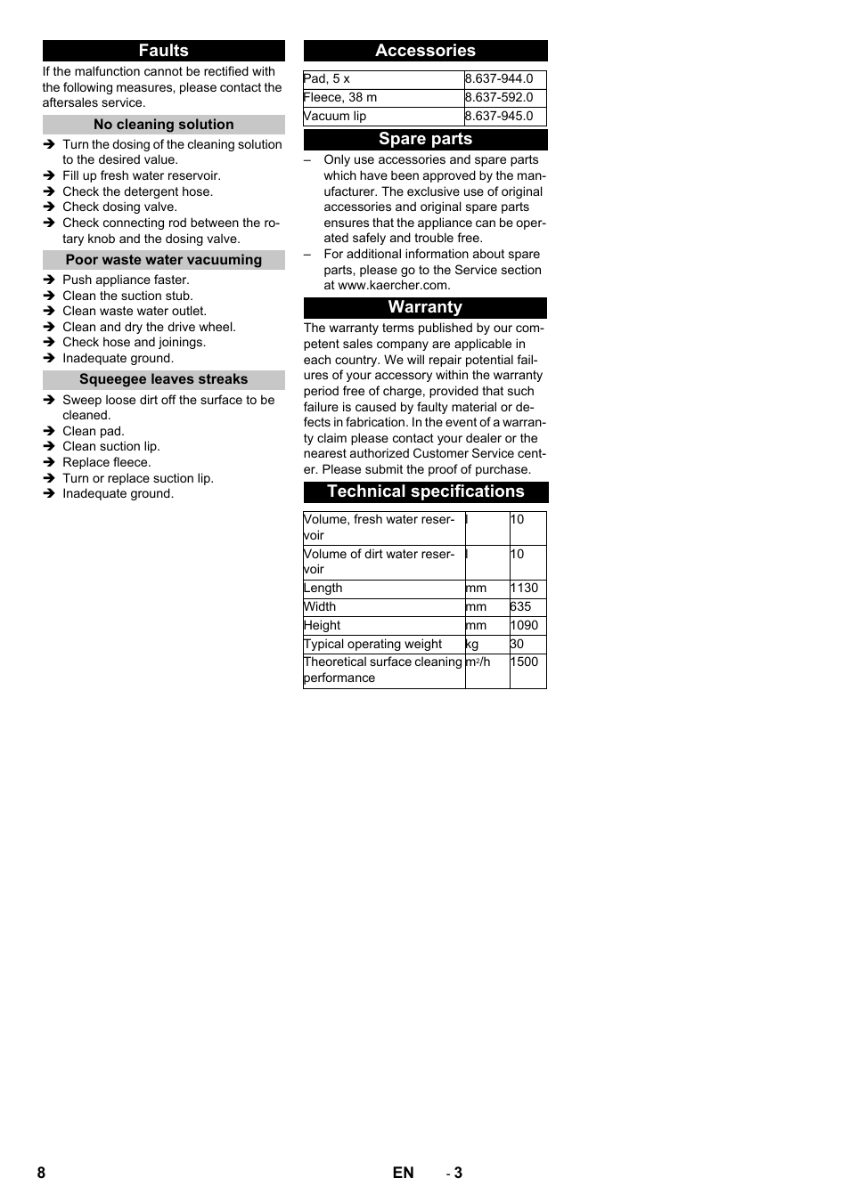 Faults, No cleaning solution, Poor waste water vacuuming | Squeegee leaves streaks, Accessories, Spare parts, Warranty, Technical specifications, Spare parts warranty technical specifications | Karcher B 60-10 C HYGIENE User Manual | Page 8 / 28