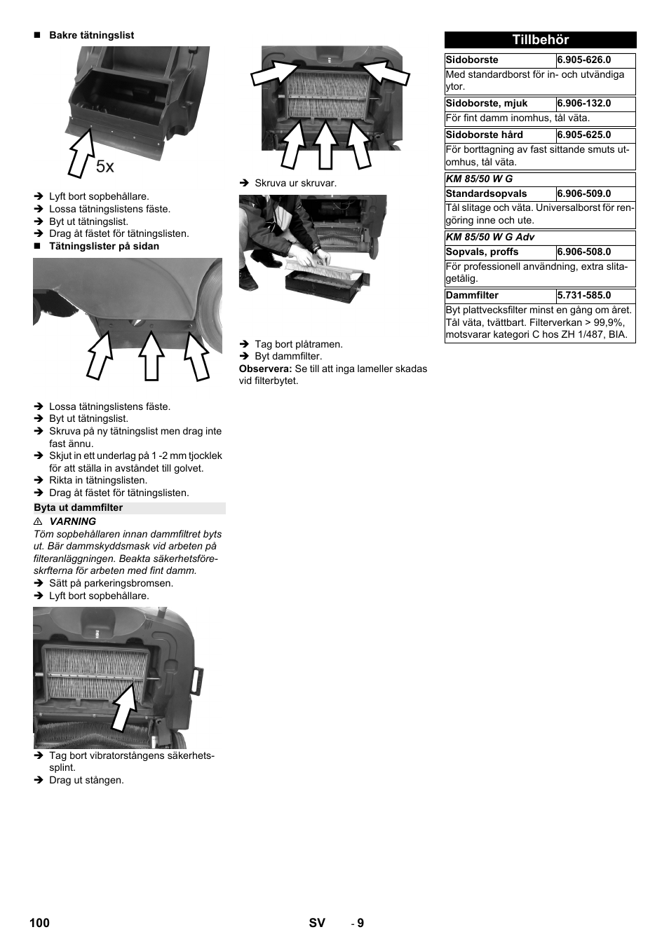 Byta ut dammfilter, Tillbehör | Karcher KM 85-50 W P Adv User Manual | Page 100 / 296