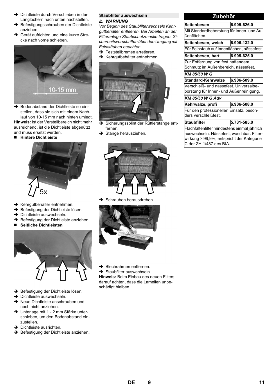 Staubfilter auswechseln, Zubehör | Karcher KM 85-50 W P Adv User Manual | Page 11 / 296