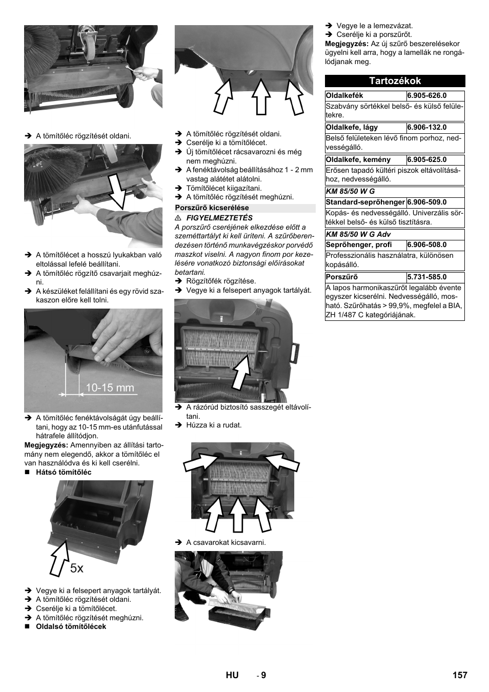 Porszűrő kicserélése, Tartozékok | Karcher KM 85-50 W P Adv User Manual | Page 157 / 296