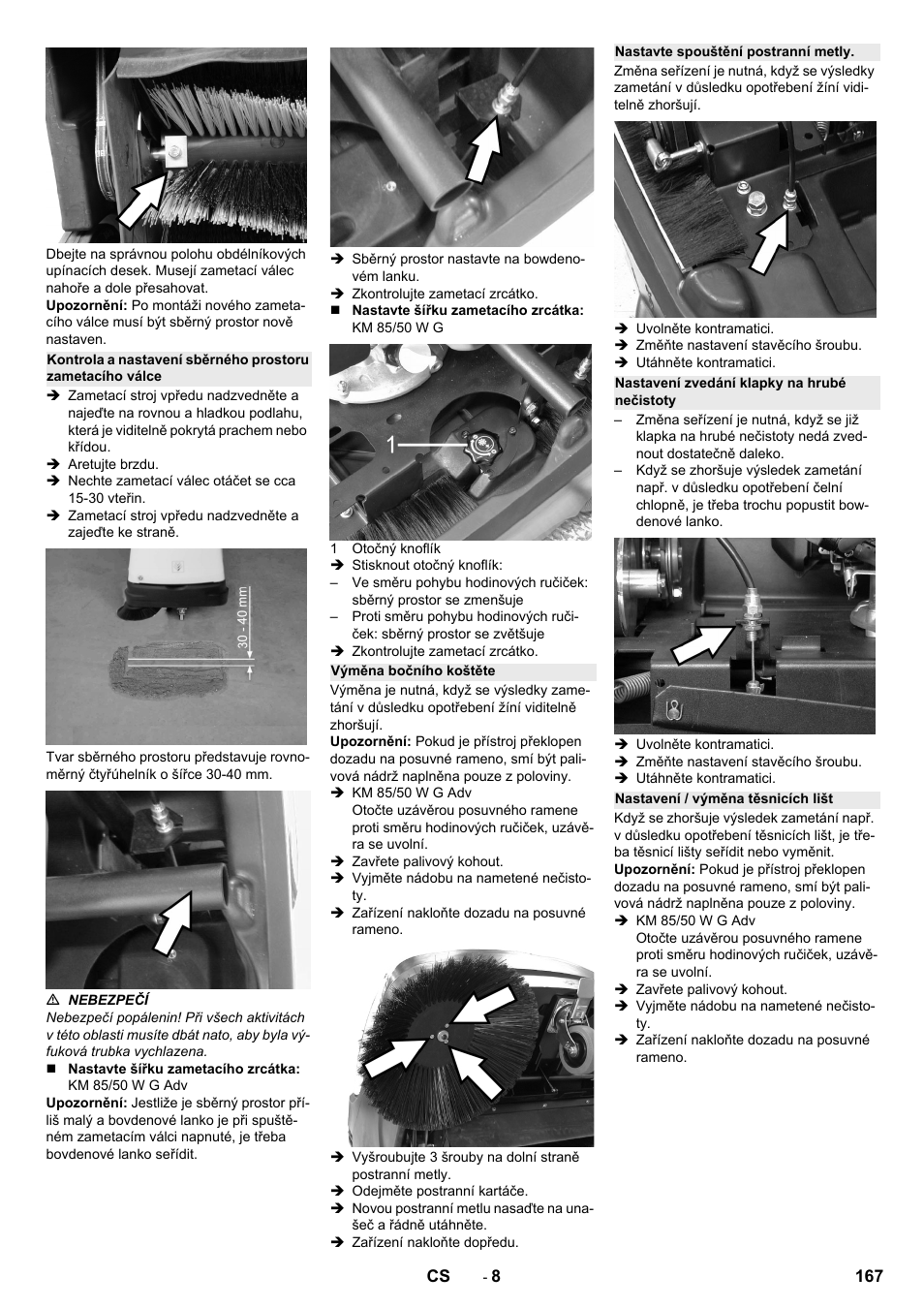 Výměna bočního koštěte, Nastavte spouštění postranní metly, Nastavení zvedání klapky na hrubé nečistoty | Nastavení / výměna těsnicích lišt | Karcher KM 85-50 W P Adv User Manual | Page 167 / 296