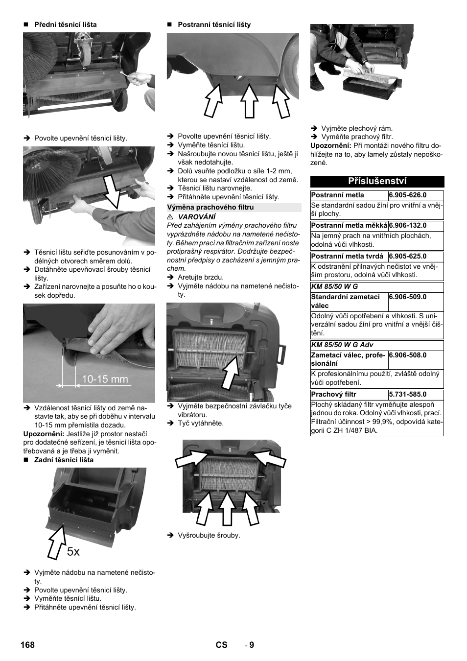 Výměna prachového filtru, Příslušenství | Karcher KM 85-50 W P Adv User Manual | Page 168 / 296