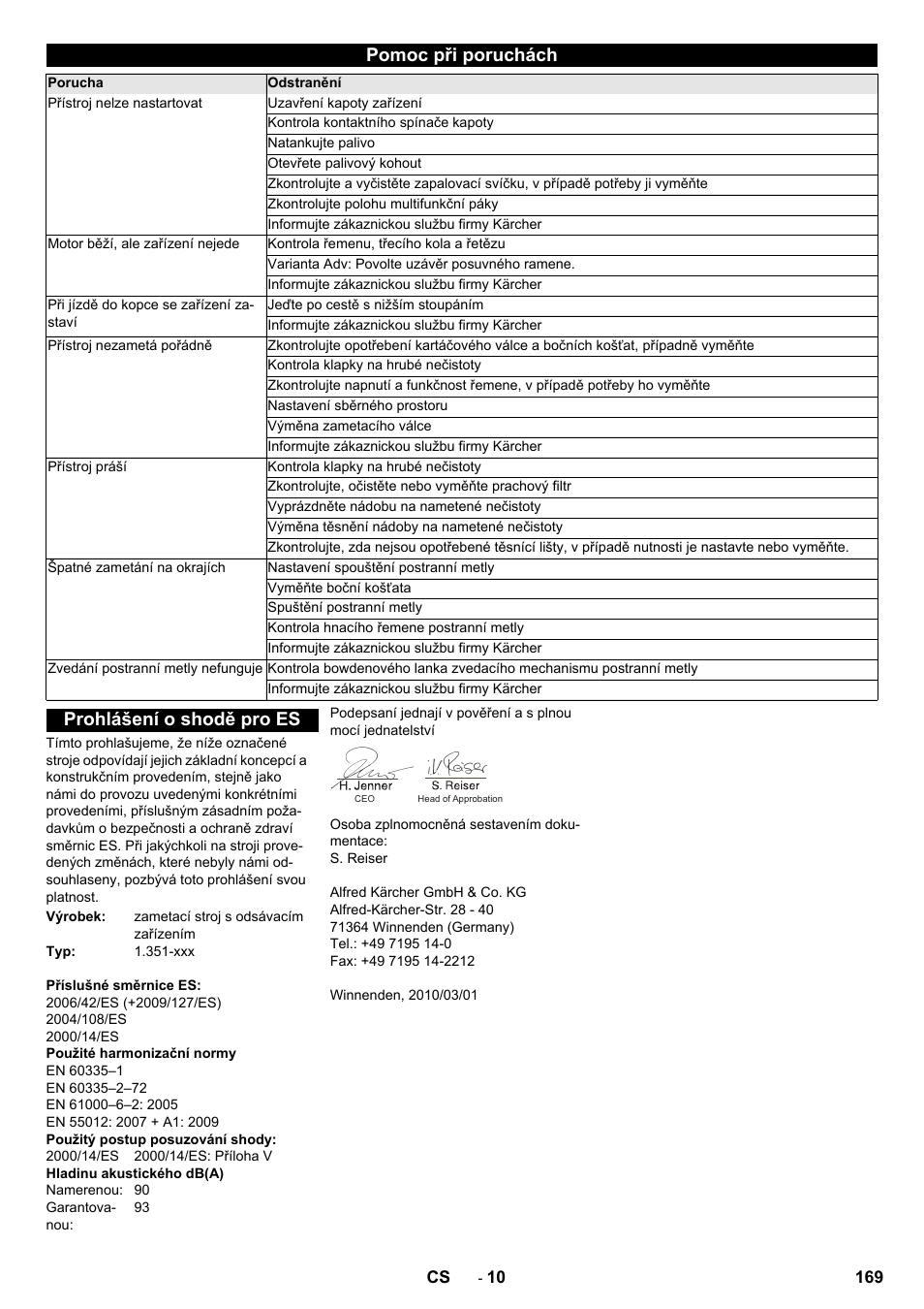 Pomoc při poruchách, Prohlášení o shodě pro es | Karcher KM 85-50 W P Adv User Manual | Page 169 / 296