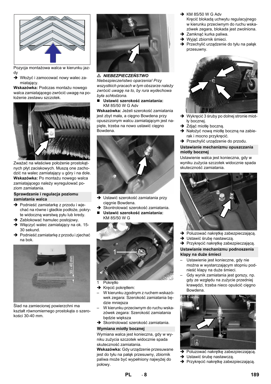 Sprawdzanie i regulacja poziomu zamiatania walca, Wymiana miotły bocznej, Ustawianie mechanizmu opuszczania miotły bocznej | Karcher KM 85-50 W P Adv User Manual | Page 189 / 296