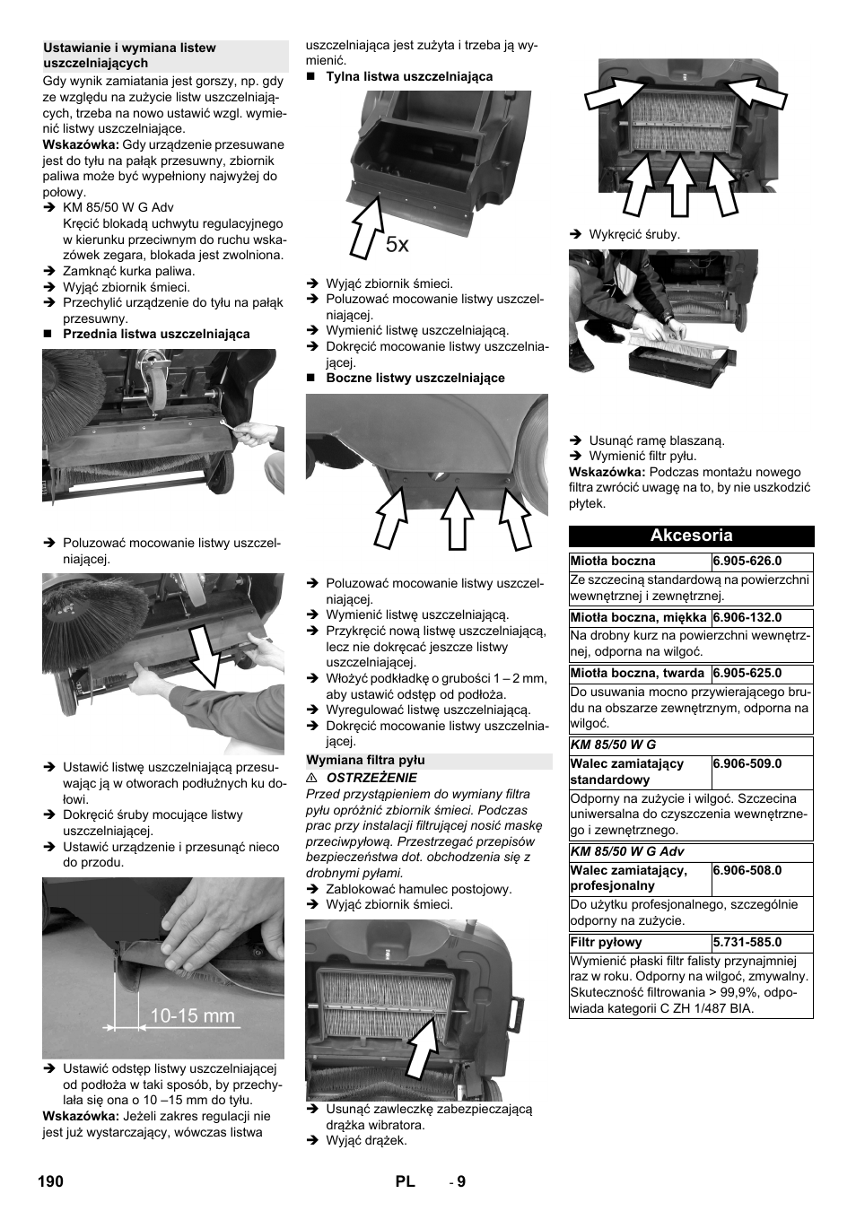 Ustawianie i wymiana listew uszczelniających, Wymiana filtra pyłu, Akcesoria | Karcher KM 85-50 W P Adv User Manual | Page 190 / 296
