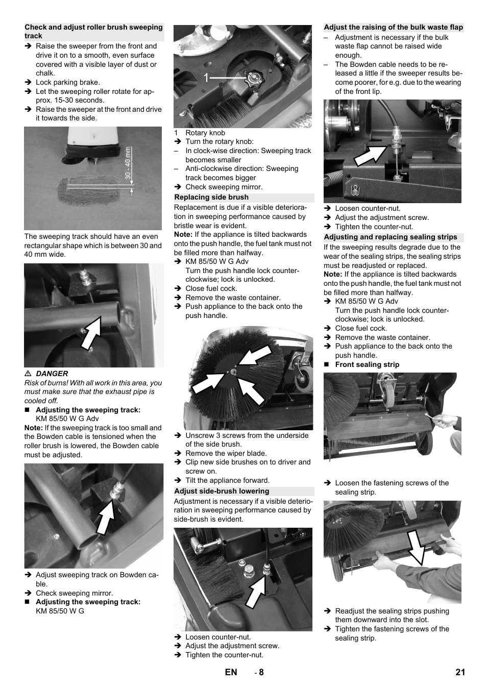 Check and adjust roller brush sweeping track, Replacing side brush, Adjust side-brush lowering | Adjust the raising of the bulk waste flap, Adjusting and replacing sealing strips | Karcher KM 85-50 W P Adv User Manual | Page 21 / 296