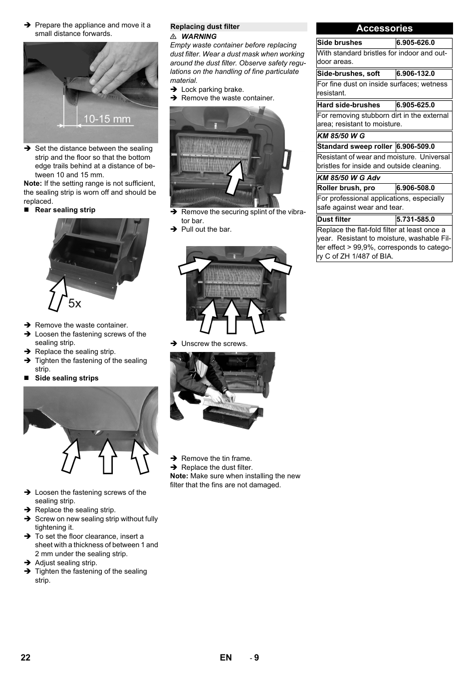 Replacing dust filter, Accessories | Karcher KM 85-50 W P Adv User Manual | Page 22 / 296