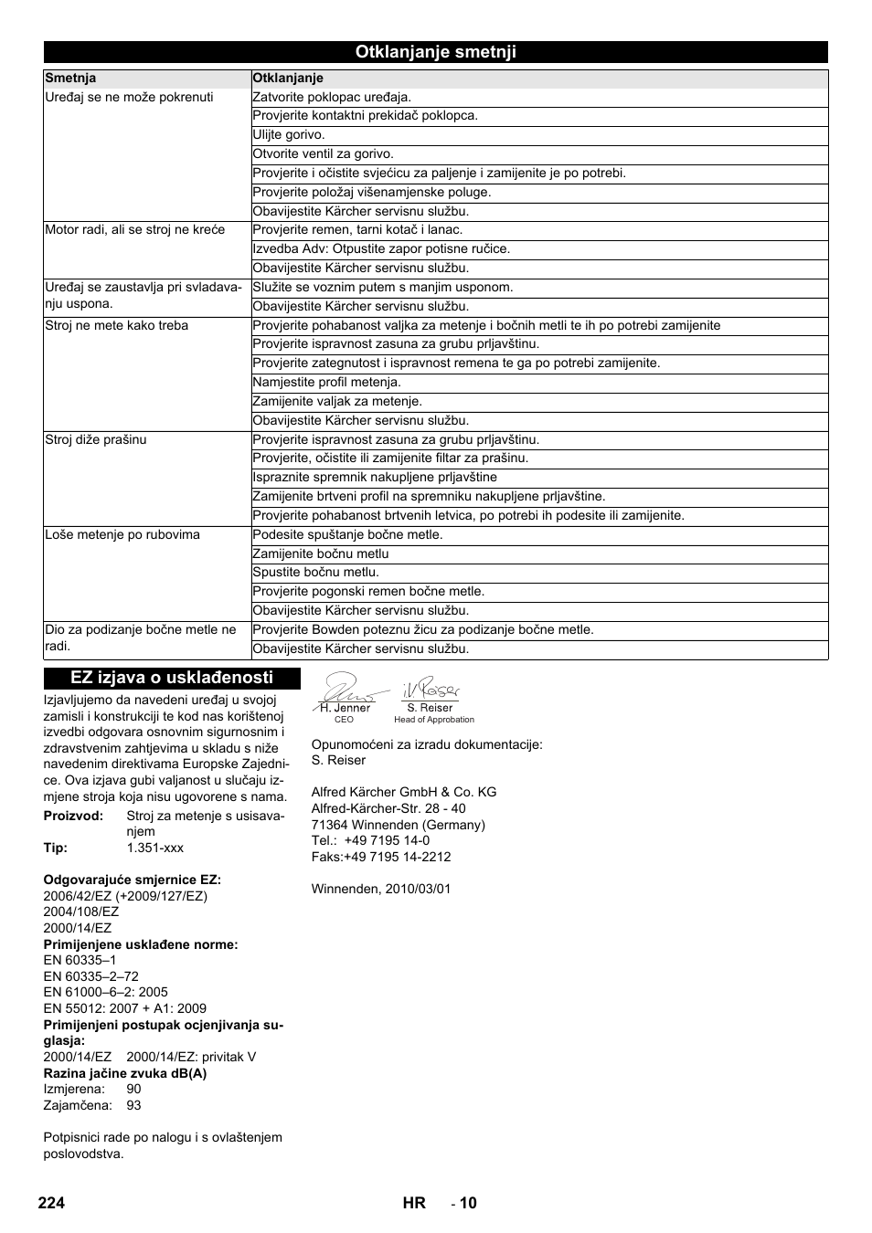 Otklanjanje smetnji, Ez izjava o usklađenosti | Karcher KM 85-50 W P Adv User Manual | Page 224 / 296