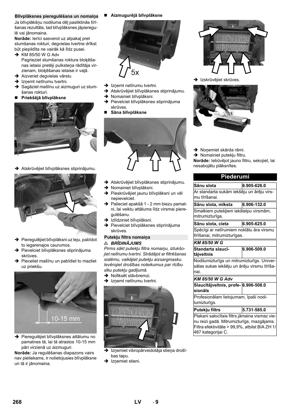 Blīvplāksnes pieregulēšana un nomaiņa, Putekļu filtra nomaiņa, Piederumi | Karcher KM 85-50 W P Adv User Manual | Page 268 / 296