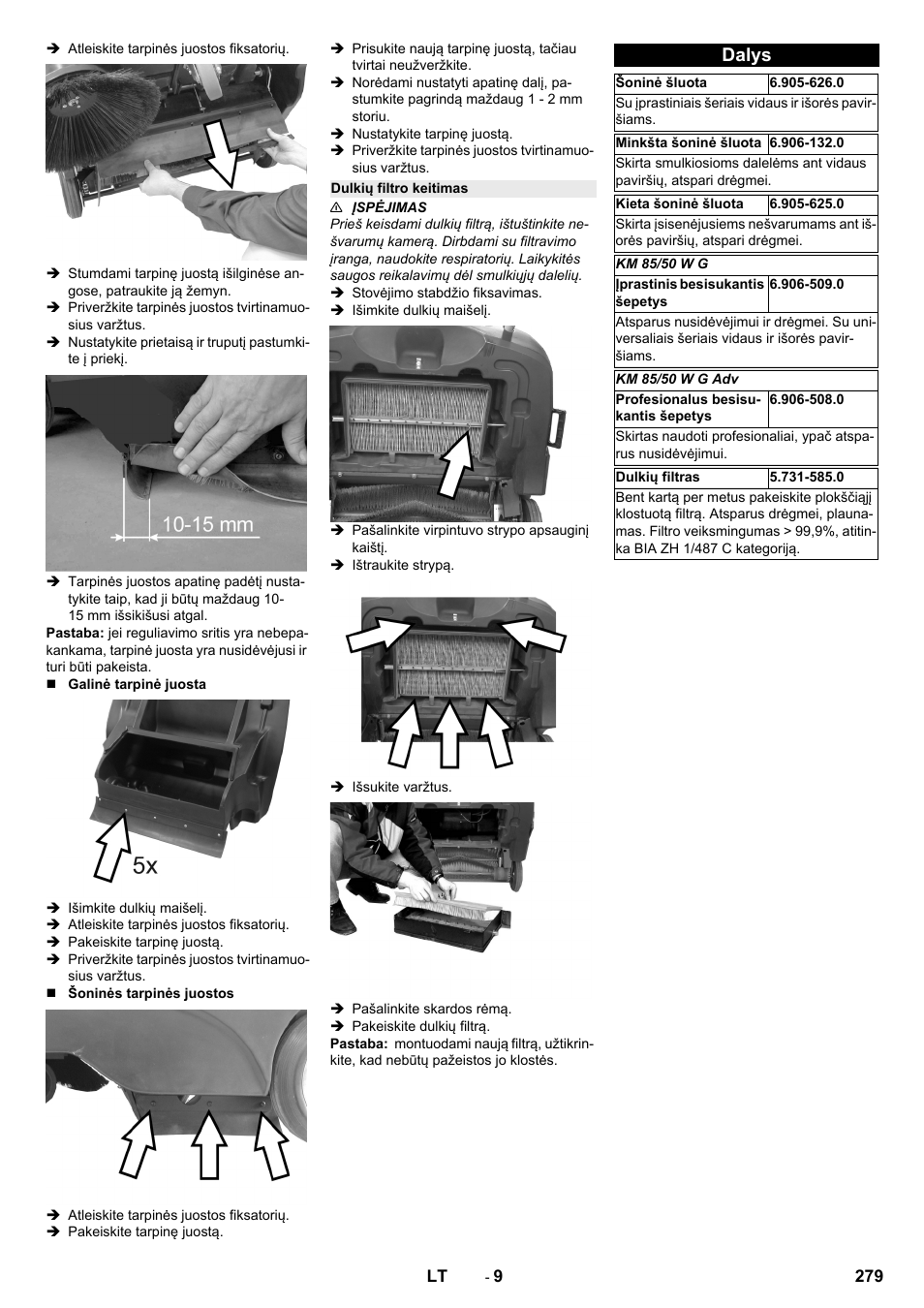 Dulkių filtro keitimas, Dalys | Karcher KM 85-50 W P Adv User Manual | Page 279 / 296