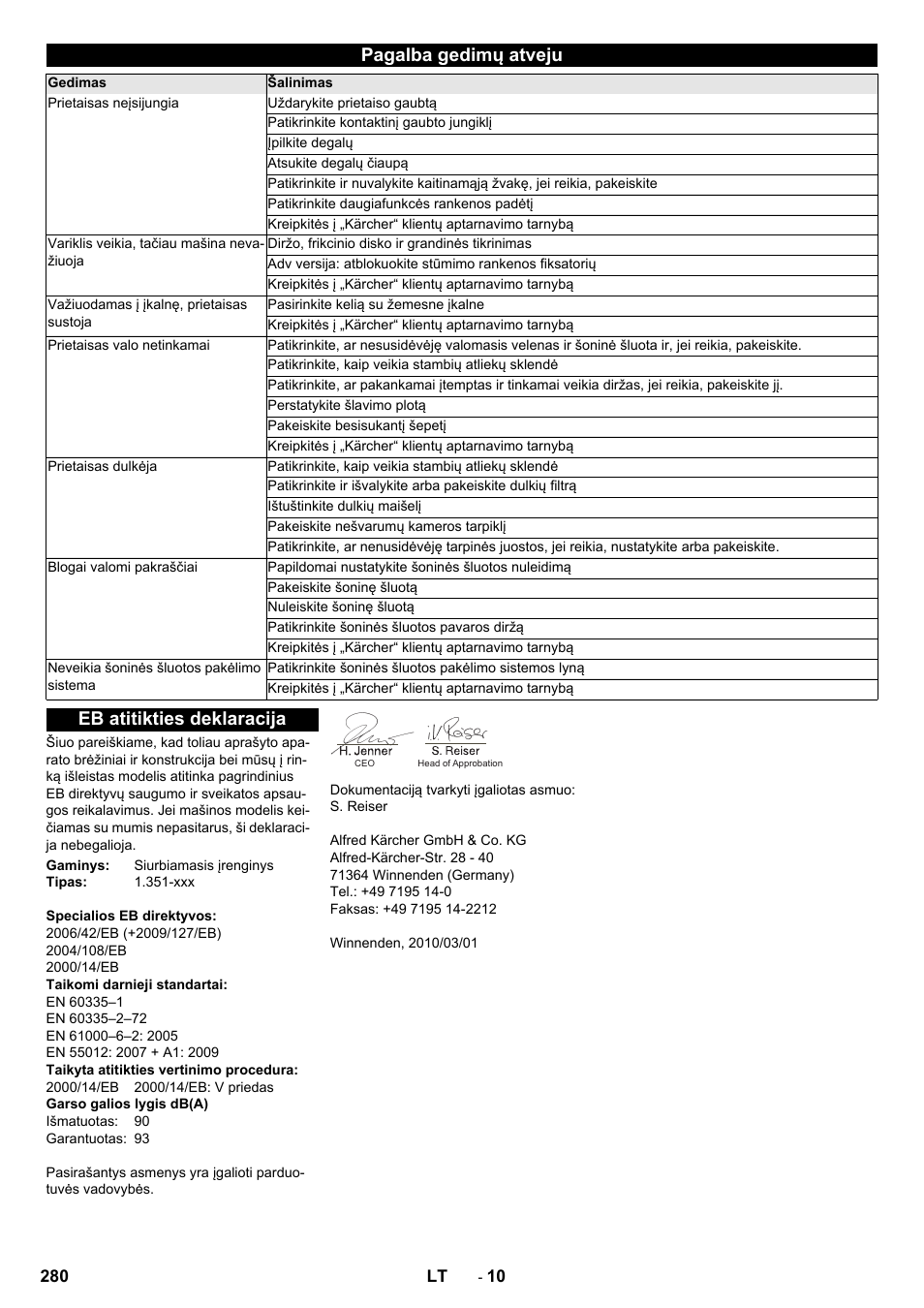 Pagalba gedimų atveju, Eb atitikties deklaracija | Karcher KM 85-50 W P Adv User Manual | Page 280 / 296