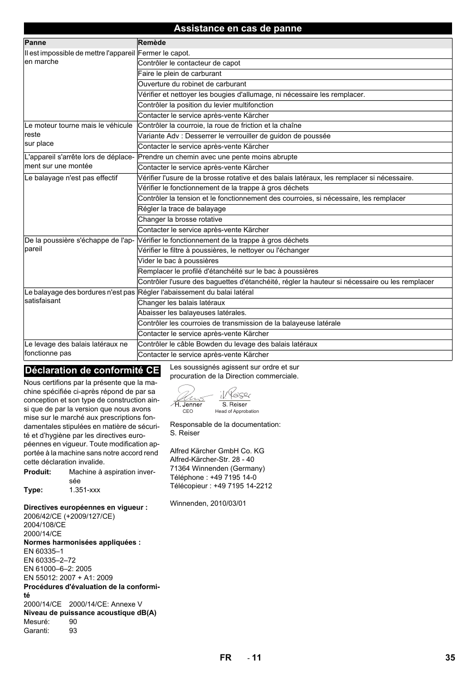 Assistance en cas de panne, Déclaration de conformité ce | Karcher KM 85-50 W P Adv User Manual | Page 35 / 296