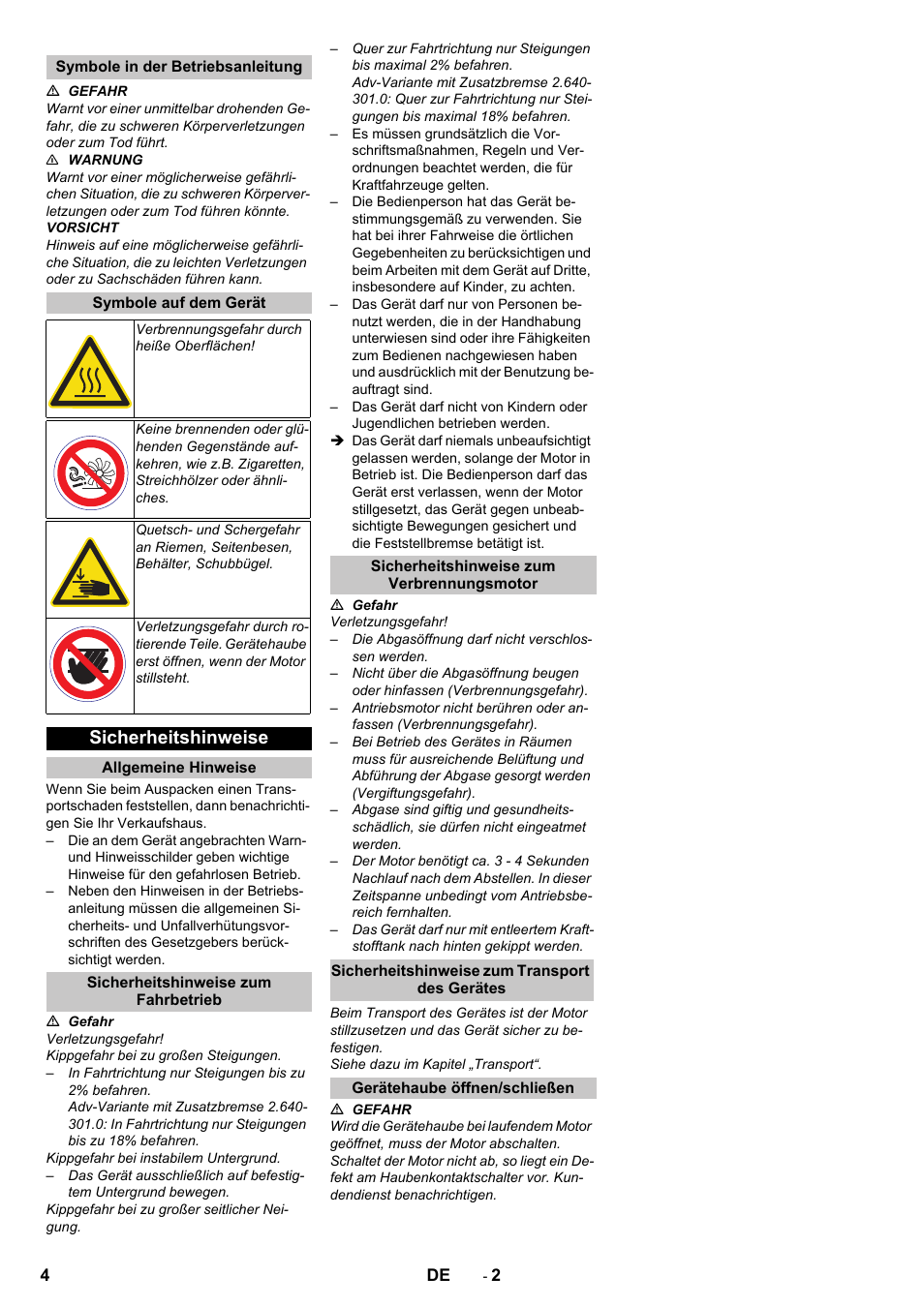 Symbole in der betriebsanleitung, Symbole auf dem gerät, Sicherheitshinweise | Allgemeine hinweise, Sicherheitshinweise zum fahrbetrieb, Sicherheitshinweise zum verbrennungsmotor, Sicherheitshinweise zum transport des gerätes, Gerätehaube öffnen/schließen | Karcher KM 85-50 W P Adv User Manual | Page 4 / 296