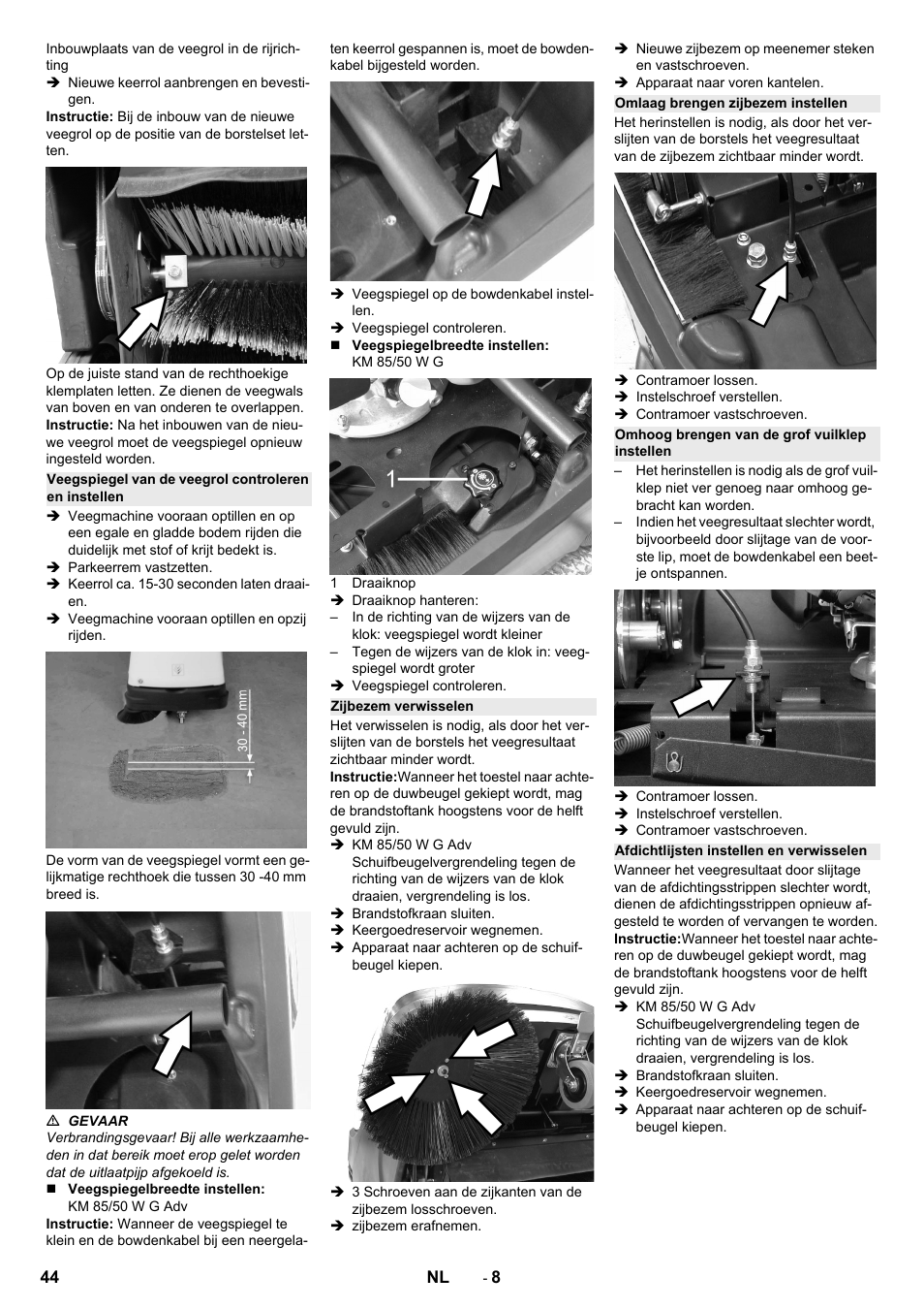 Zijbezem verwisselen, Omlaag brengen zijbezem instellen, Omhoog brengen van de grof vuilklep instellen | Afdichtlijsten instellen en verwisselen | Karcher KM 85-50 W P Adv User Manual | Page 44 / 296