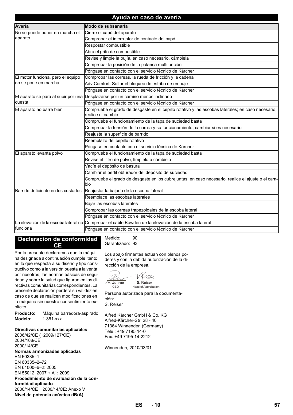 Ayuda en caso de avería, Declaración de conformidad ce | Karcher KM 85-50 W P Adv User Manual | Page 57 / 296