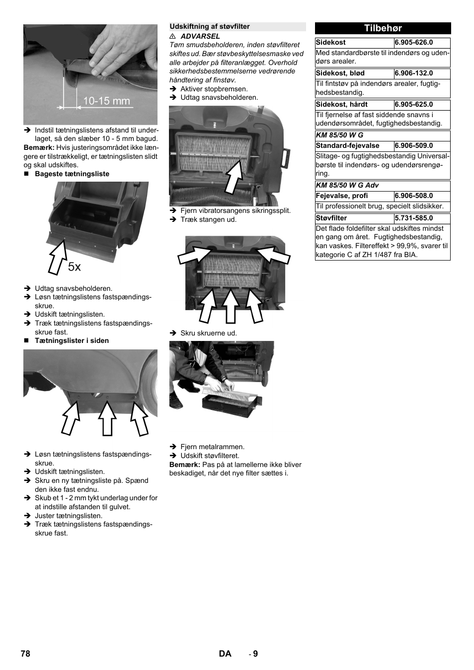 Udskiftning af støvfilter, Tilbehør | Karcher KM 85-50 W P Adv User Manual | Page 78 / 296