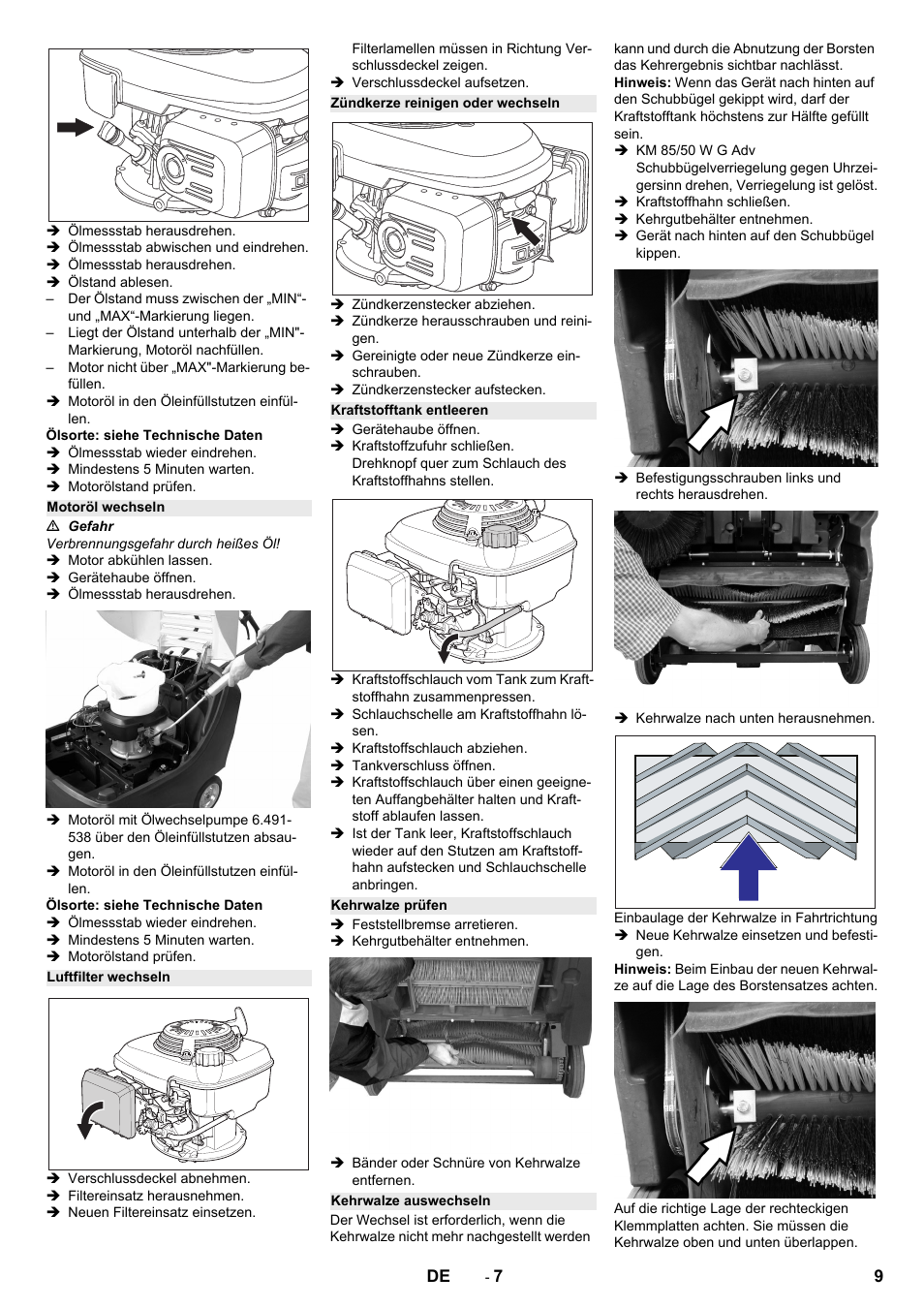 Motoröl wechseln, Luftfilter wechseln, Zündkerze reinigen oder wechseln | Kraftstofftank entleeren, Kehrwalze prüfen, Kehrwalze auswechseln | Karcher KM 85-50 W P Adv User Manual | Page 9 / 296