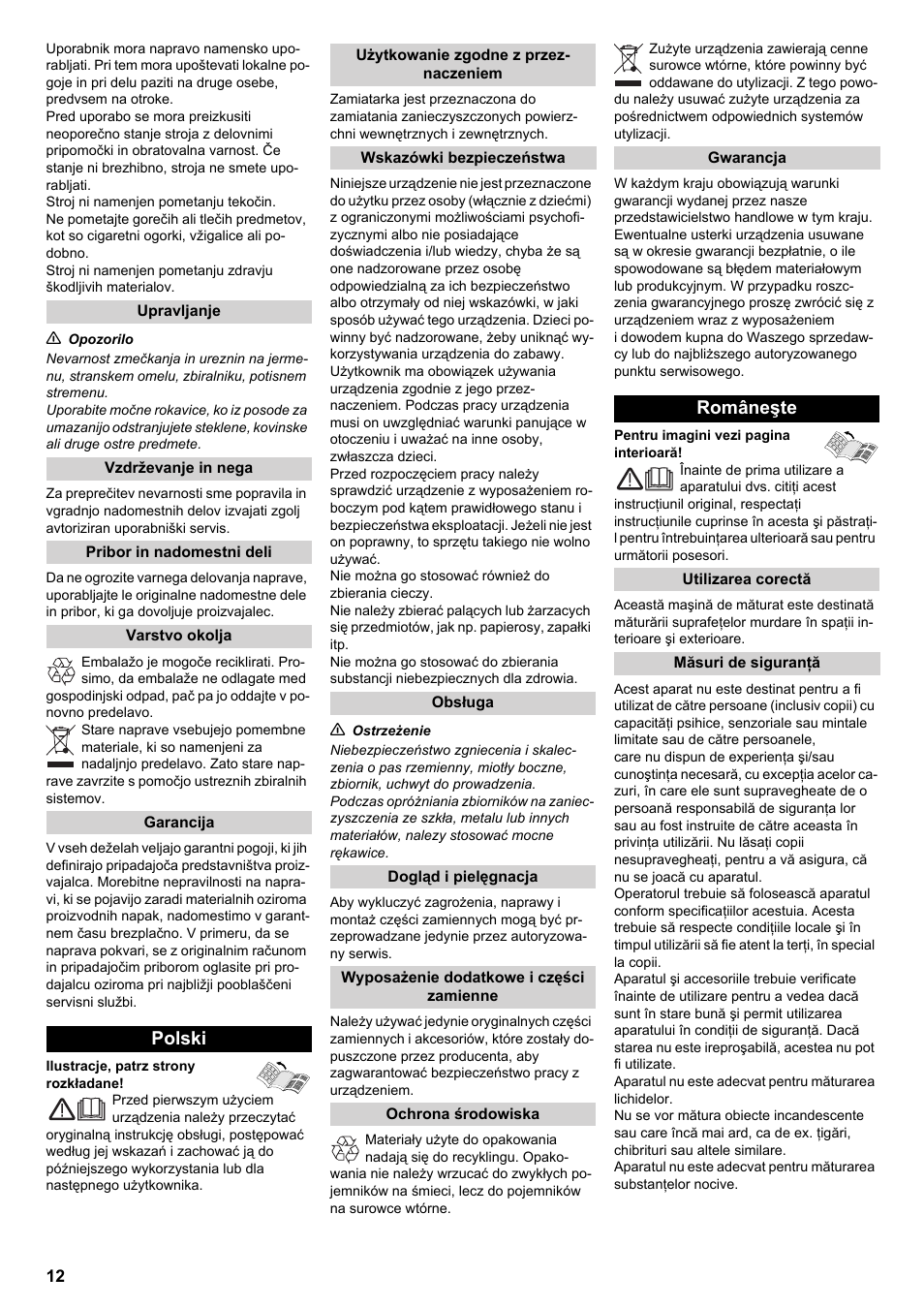 Polski, Româneşte | Karcher KM 70-15 C User Manual | Page 12 / 18