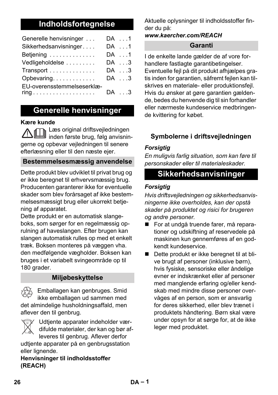 Dansk, Indholdsfortegnelse, Generelle henvisninger | Sikkerhedsanvisninger | Karcher Autoreel User Manual | Page 26 / 90