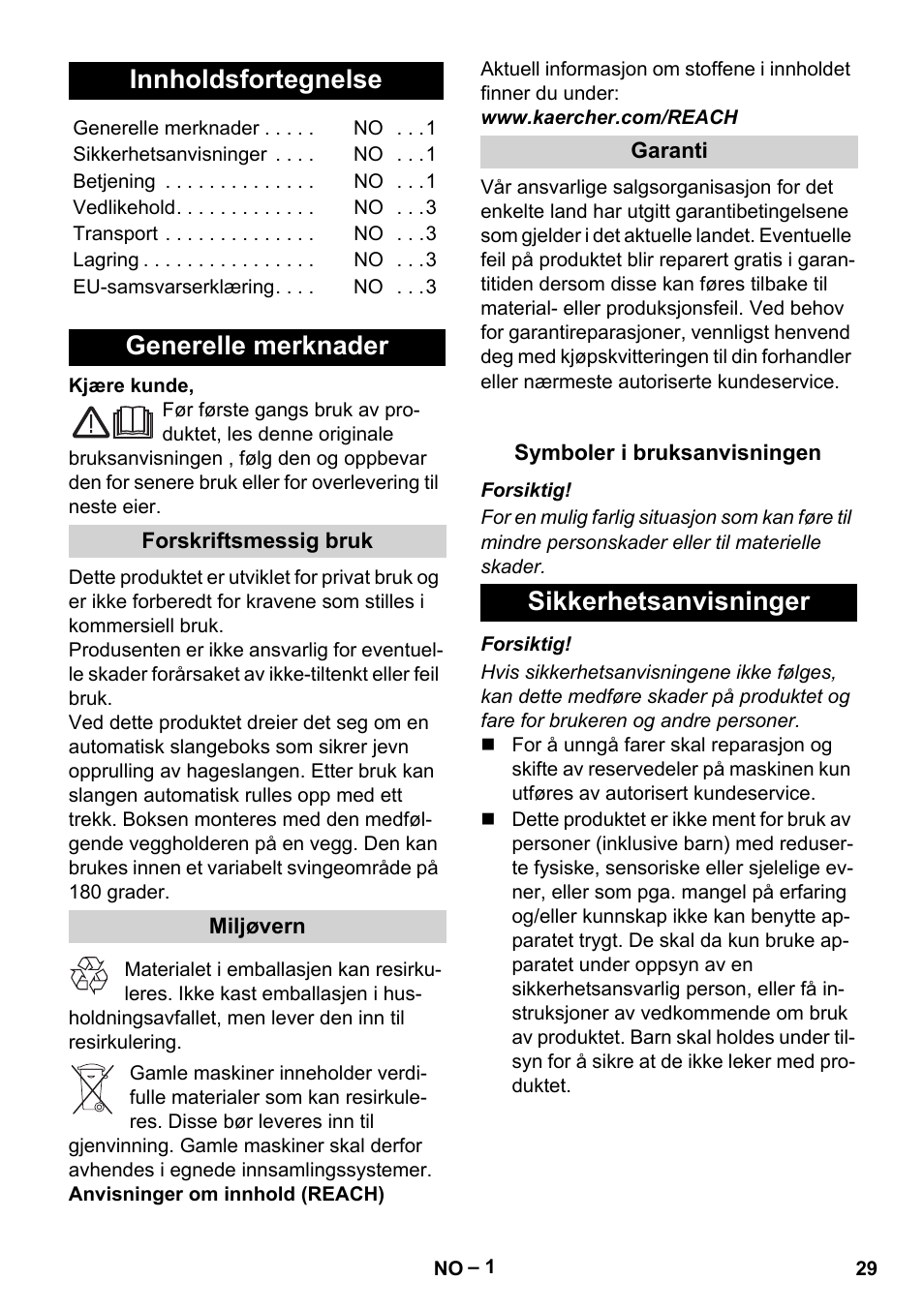 Norsk, Innholdsfortegnelse, Generelle merknader | Sikkerhetsanvisninger | Karcher Autoreel User Manual | Page 29 / 90