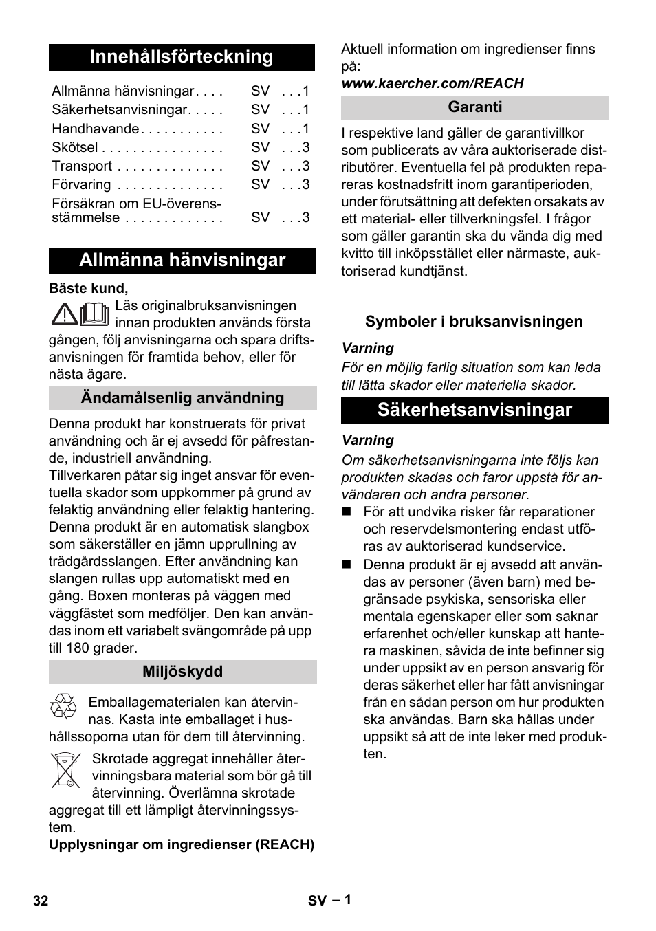 Svenska, Innehållsförteckning, Allmänna hänvisningar | Säkerhetsanvisningar | Karcher Autoreel User Manual | Page 32 / 90