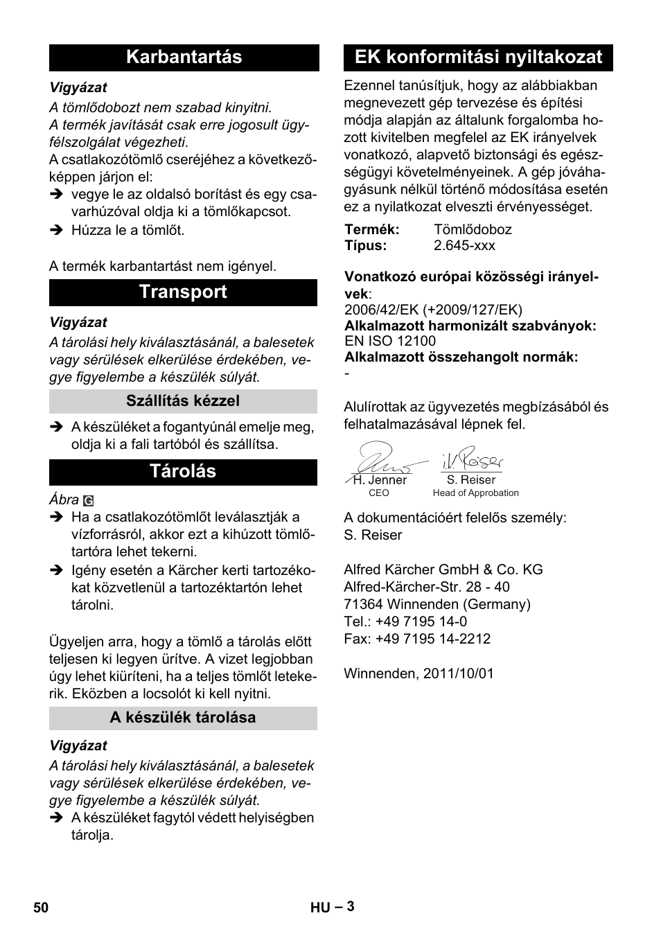 Karbantartás transport, Tárolás, Ek konformitási nyiltakozat | Karcher Autoreel User Manual | Page 50 / 90