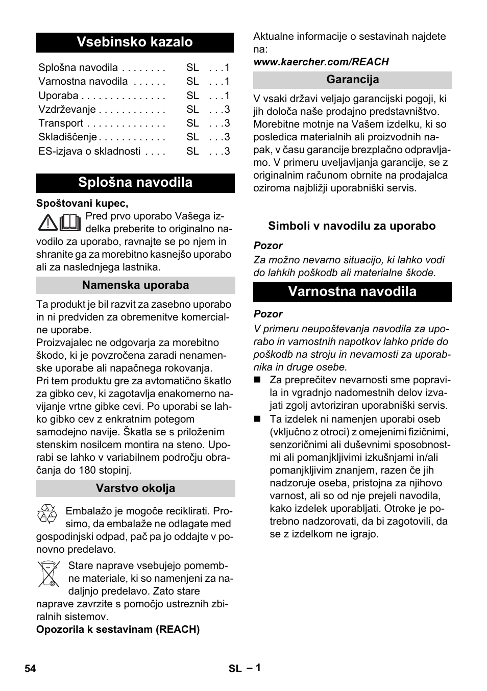 Slovenščina, Slovenšina, Vsebinsko kazalo | Splošna navodila, Varnostna navodila | Karcher Autoreel User Manual | Page 54 / 90