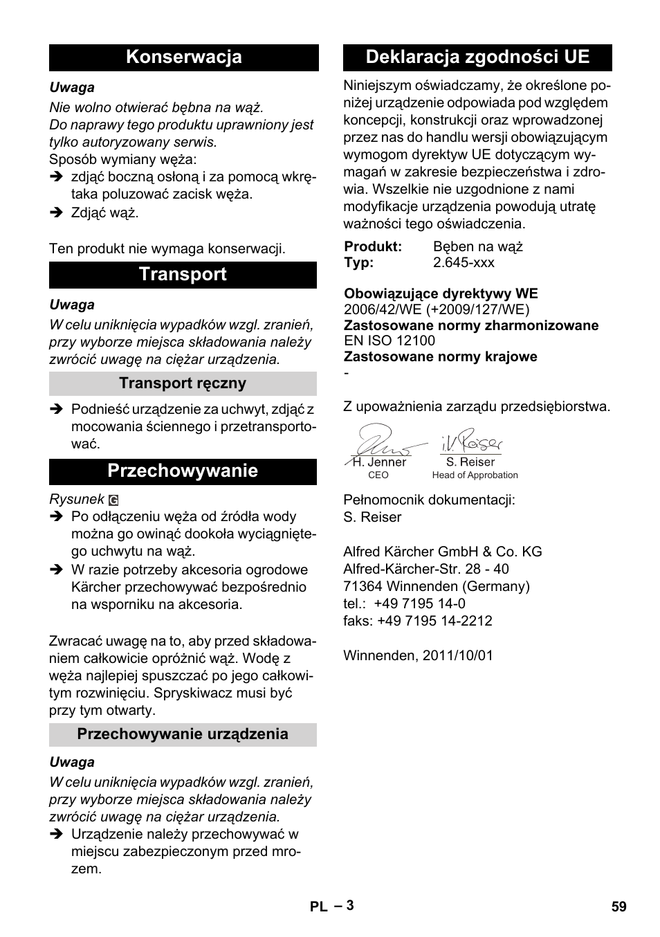 Konserwacja transport, Przechowywanie, Deklaracja zgodności ue | Karcher Autoreel User Manual | Page 59 / 90