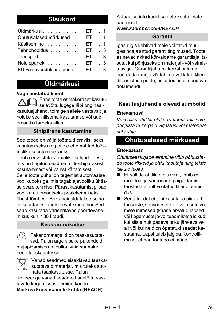Eesti, Sisukord, Üldmärkusi | Ohutusalased märkused | Karcher Autoreel User Manual | Page 75 / 90