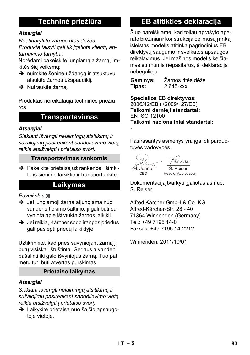 Techninė priežiūra transportavimas, Laikymas, Eb atitikties deklaracija | Karcher Autoreel User Manual | Page 83 / 90