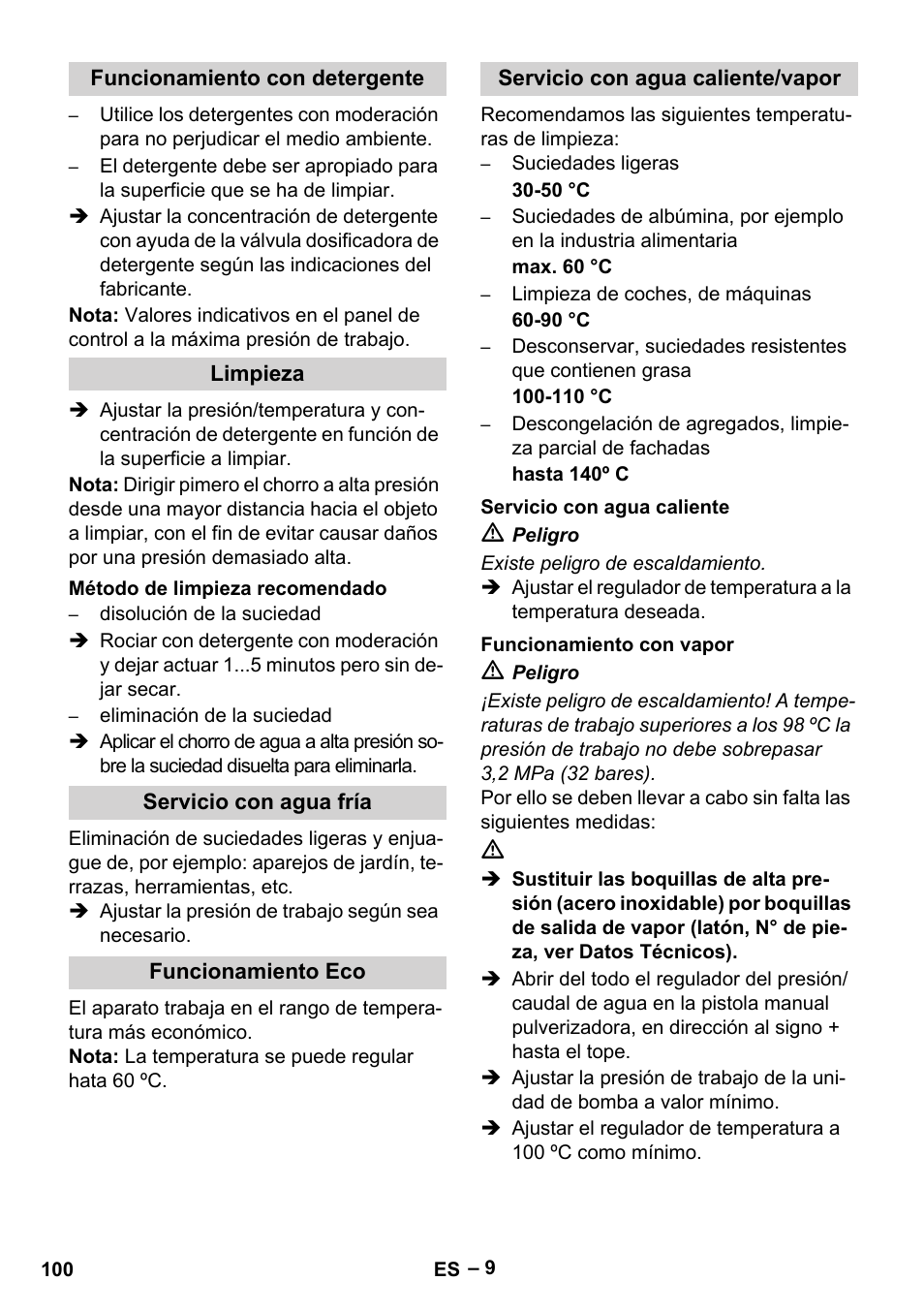 Funcionamiento con detergente, Limpieza, Método de limpieza recomendado | Servicio con agua fría, Funcionamiento eco, Servicio con agua caliente/vapor, Servicio con agua caliente, Funcionamiento con vapor | Karcher HDS 13-20-4 SX User Manual | Page 100 / 472