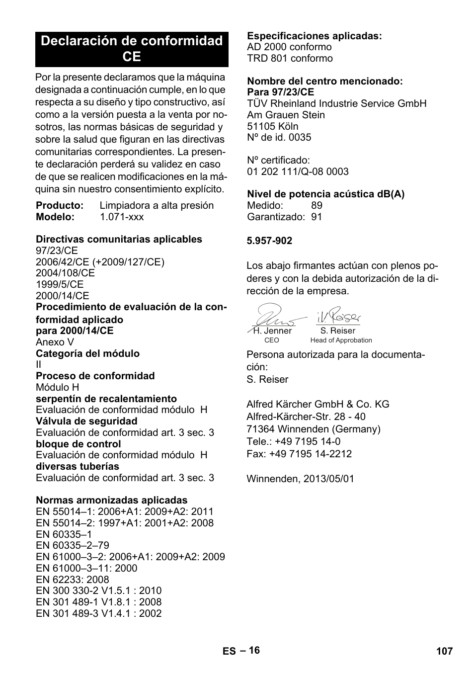 Declaración de conformidad ce | Karcher HDS 13-20-4 SX User Manual | Page 107 / 472