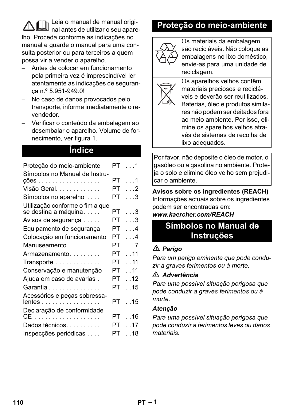 Português, Índice, Proteção do meio-ambiente | Símbolos no manual de instruções | Karcher HDS 13-20-4 SX User Manual | Page 110 / 472
