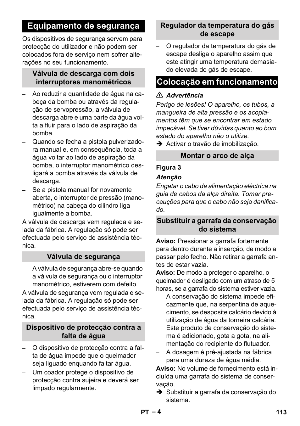 Equipamento de segurança, Válvula de segurança, Dispositivo de protecção contra a falta de água | Regulador da temperatura do gás de escape, Colocação em funcionamento, Montar o arco de alça, Substituir a garrafa da conservação do sistema | Karcher HDS 13-20-4 SX User Manual | Page 113 / 472