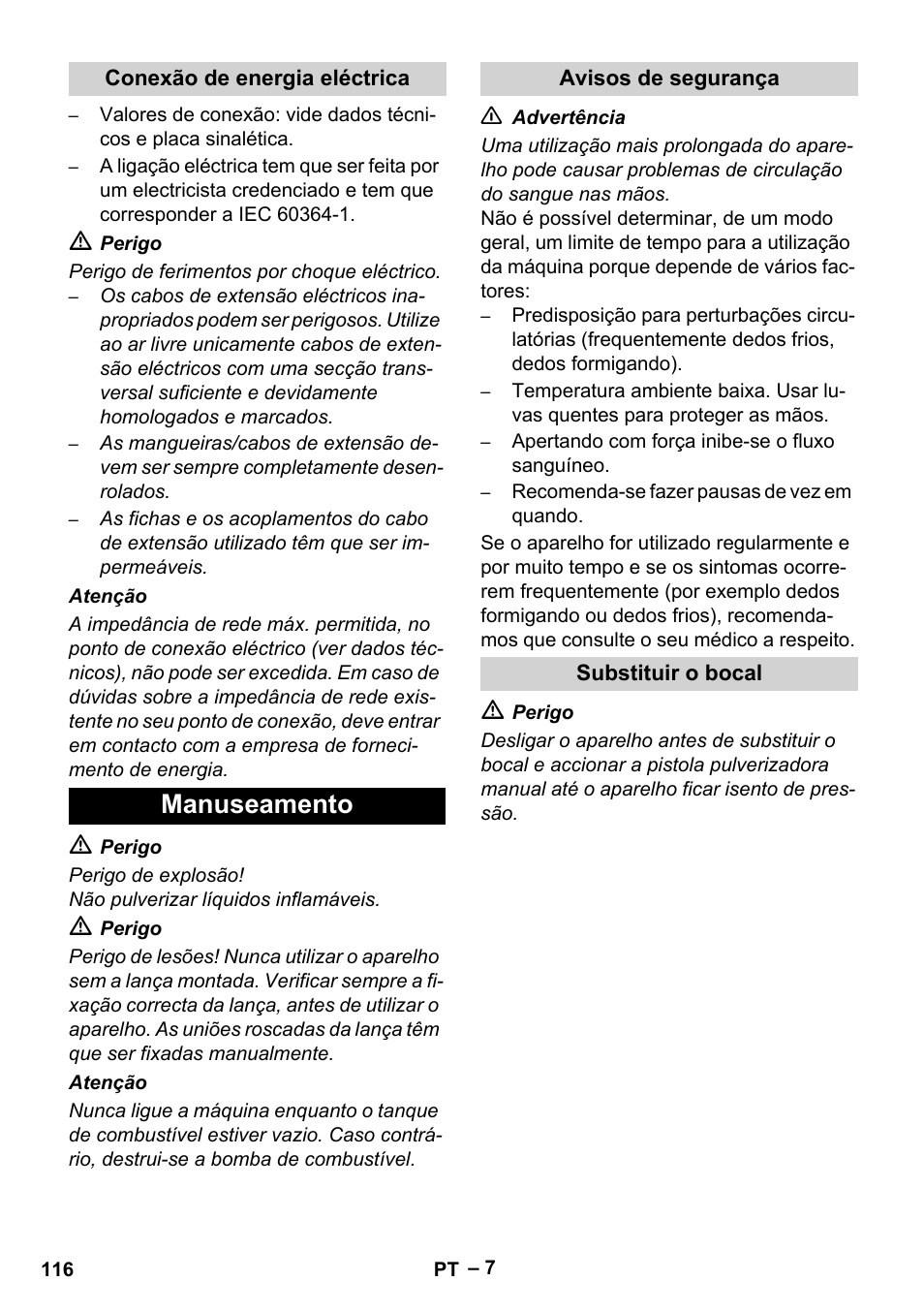 Conexão de energia eléctrica, Manuseamento, Avisos de segurança | Substituir o bocal | Karcher HDS 13-20-4 SX User Manual | Page 116 / 472