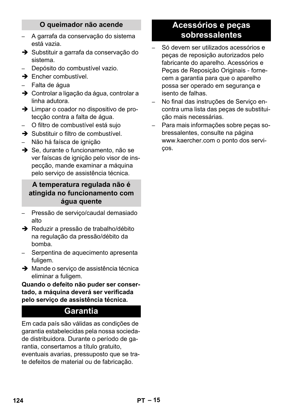 O queimador não acende, Garantia, Acessórios e peças sobressalentes | Garantia acessórios e peças sobressalentes | Karcher HDS 13-20-4 SX User Manual | Page 124 / 472