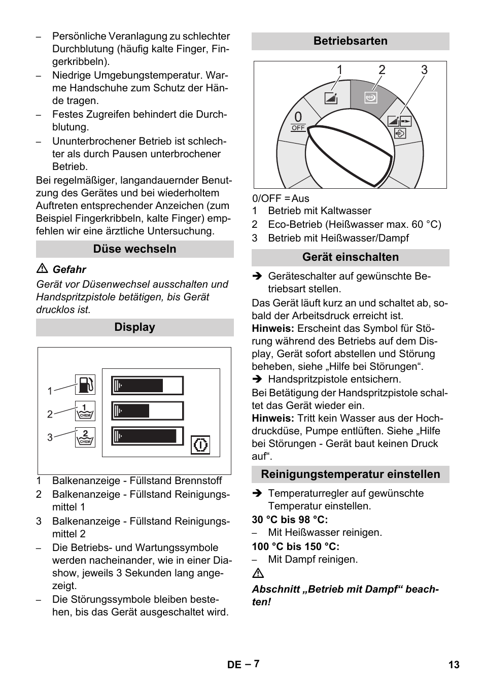 Düse wechseln, Display, Betriebsarten | Gerät einschalten, Reinigungstemperatur einstellen | Karcher HDS 13-20-4 SX User Manual | Page 13 / 472