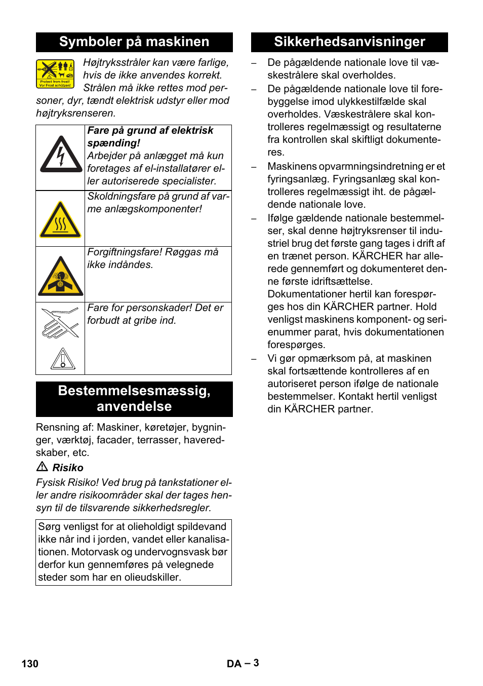 Symboler på maskinen, Bestemmelsesmæssig‚ anvendelse, Sikkerhedsanvisninger | Karcher HDS 13-20-4 SX User Manual | Page 130 / 472