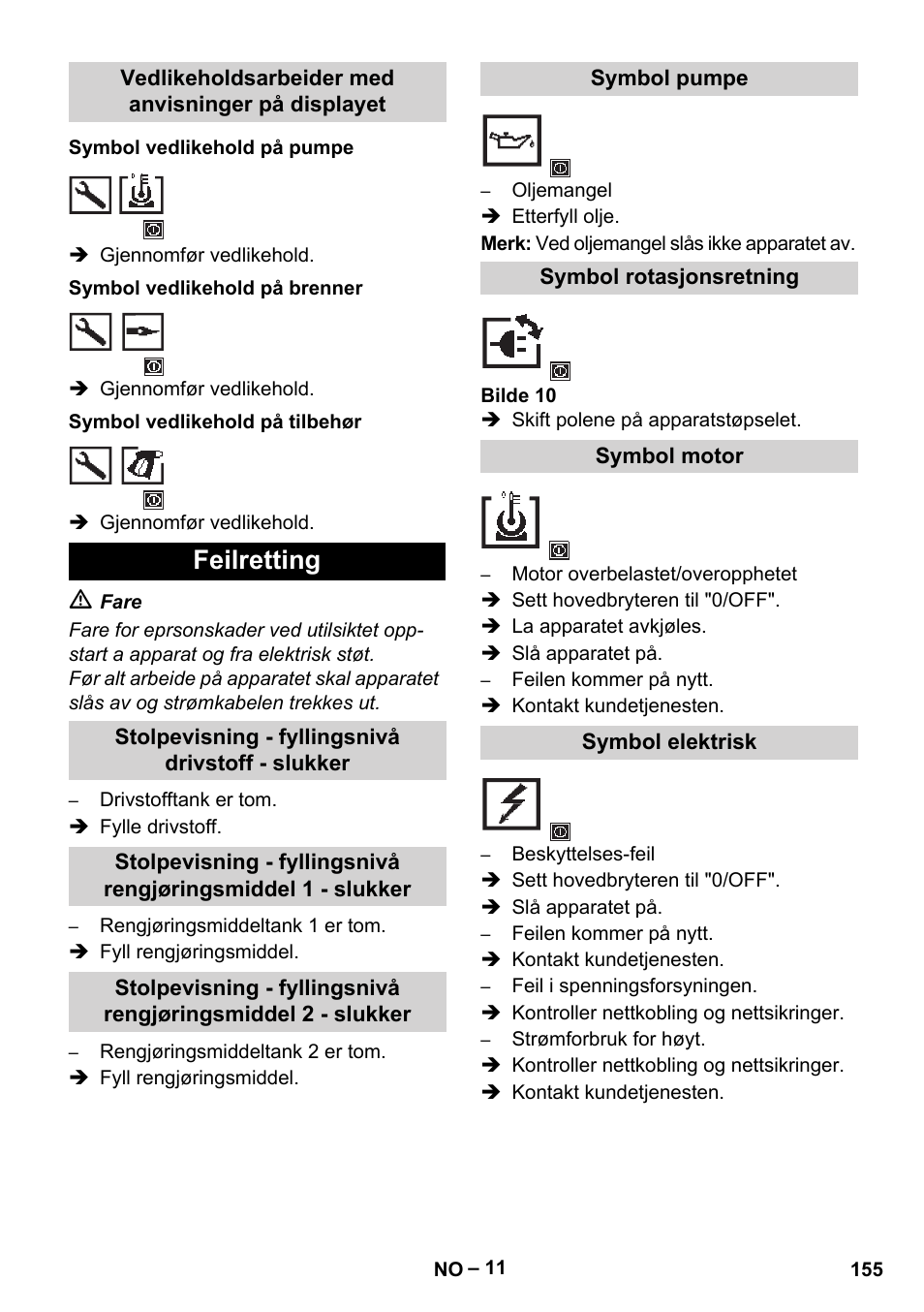 Vedlikeholdsarbeider med anvisninger på displayet, Symbol vedlikehold på pumpe, Symbol vedlikehold på brenner | Symbol vedlikehold på tilbehør, Feilretting, Stolpevisning - fyllingsnivå drivstoff - slukker, Symbol pumpe, Symbol rotasjonsretning, Symbol motor, Symbol elektrisk | Karcher HDS 13-20-4 SX User Manual | Page 155 / 472