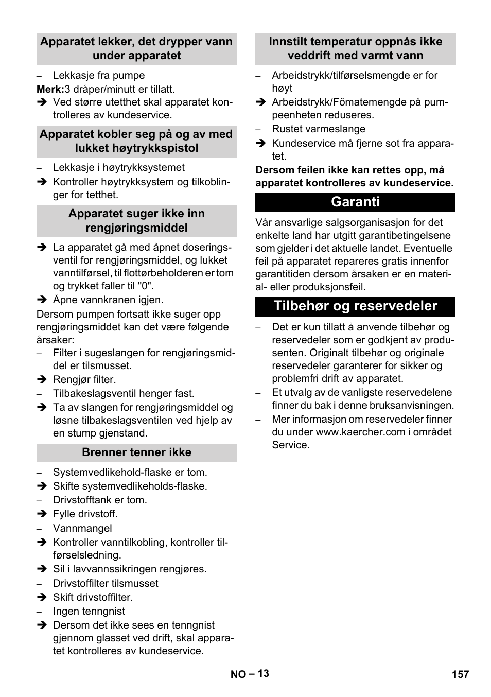 Apparatet lekker, det drypper vann under apparatet, Apparatet suger ikke inn rengjøringsmiddel, Brenner tenner ikke | Garanti, Tilbehør og reservedeler, Garanti tilbehør og reservedeler | Karcher HDS 13-20-4 SX User Manual | Page 157 / 472