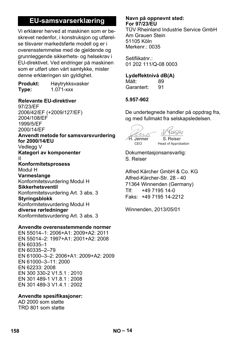 Eu-samsvarserklæring | Karcher HDS 13-20-4 SX User Manual | Page 158 / 472