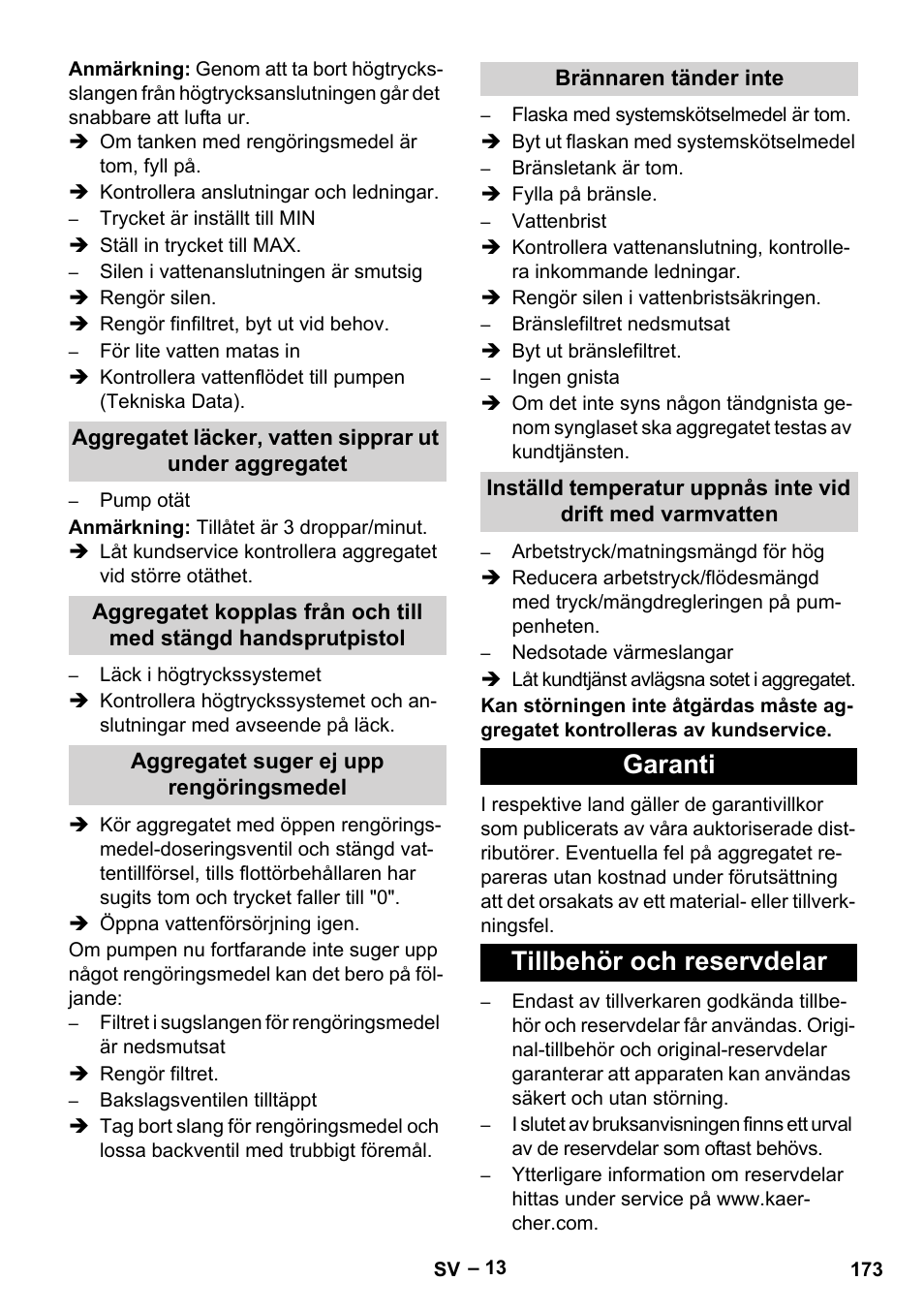 Aggregatet suger ej upp rengöringsmedel, Brännaren tänder inte, Garanti | Tillbehör och reservdelar, Garanti tillbehör och reservdelar | Karcher HDS 13-20-4 SX User Manual | Page 173 / 472