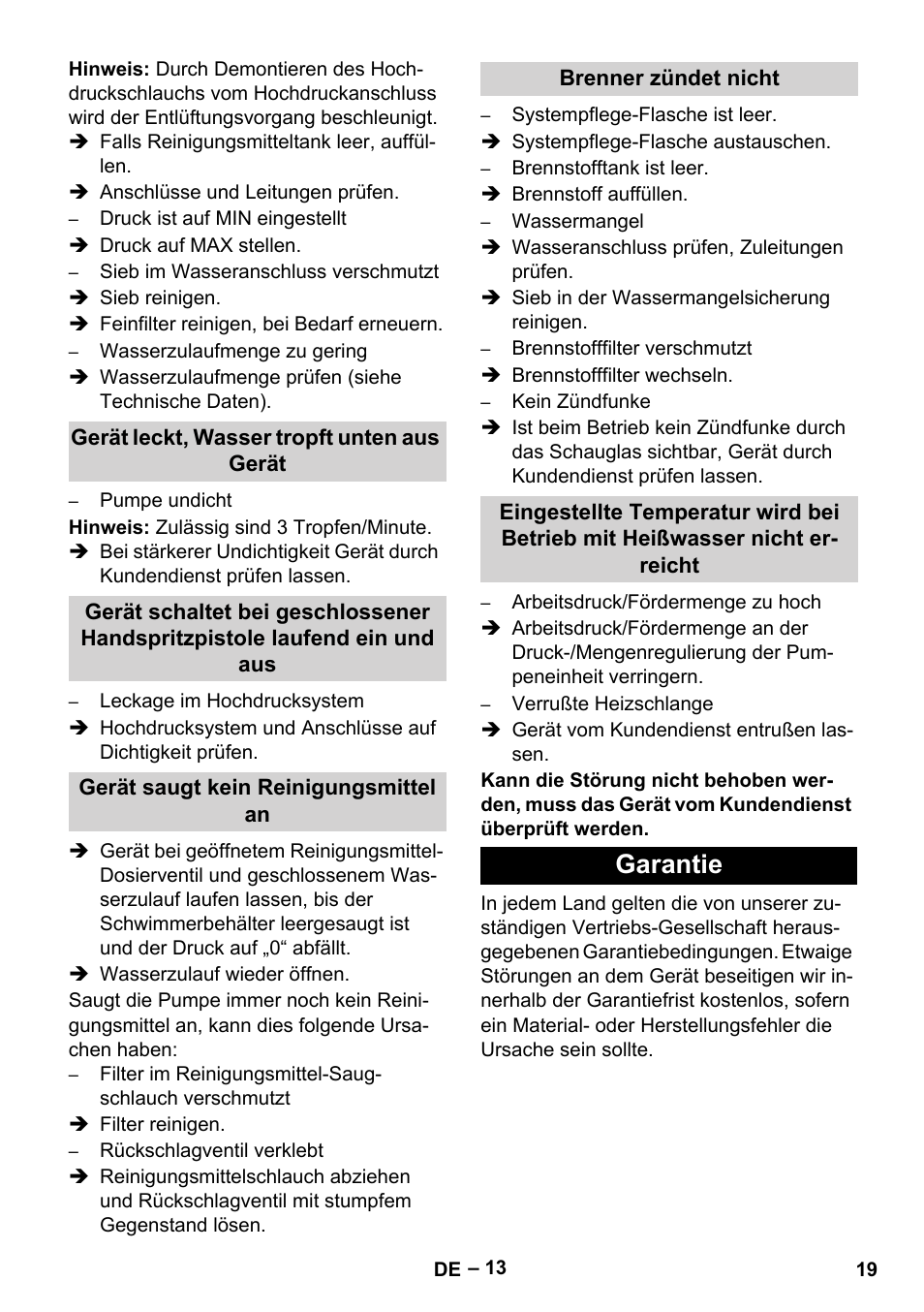 Gerät leckt, wasser tropft unten aus gerät, Gerät saugt kein reinigungsmittel an, Brenner zündet nicht | Garantie | Karcher HDS 13-20-4 SX User Manual | Page 19 / 472