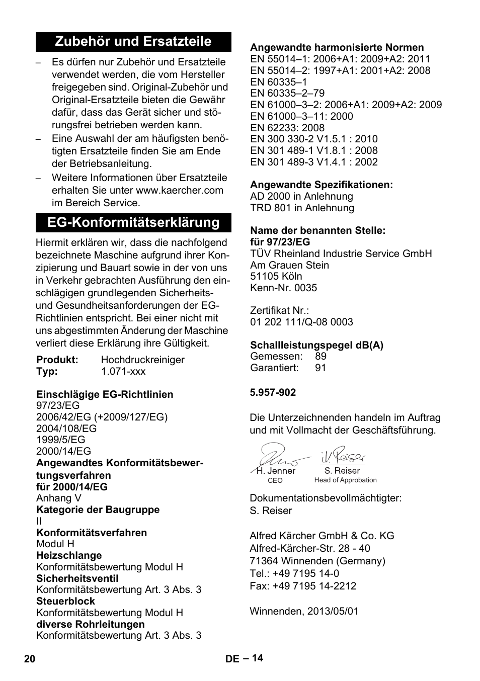 Zubehör und ersatzteile, Eg-konformitätserklärung, Zubehör und ersatzteile eg-konformitätserklärung | Karcher HDS 13-20-4 SX User Manual | Page 20 / 472
