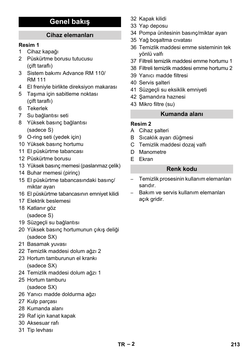 Genel bakış, Cihaz elemanları, Kumanda alanı | Renk kodu | Karcher HDS 13-20-4 SX User Manual | Page 213 / 472